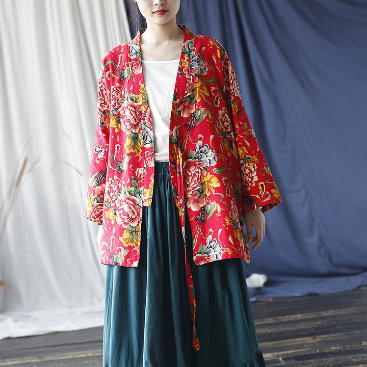 Chaqueta con cordones de lino y algodón con estampado de peonías y flores rojas del noreste de estilo étnico con Buddha Stones