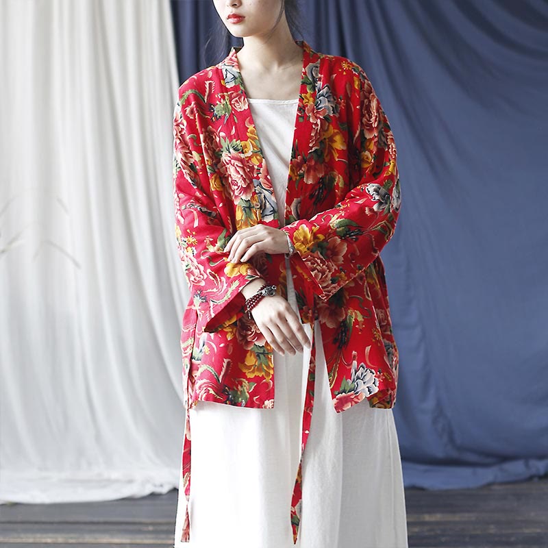 Chaqueta con cordones de lino y algodón con estampado de peonías y flores rojas del noreste de estilo étnico con Buddha Stones