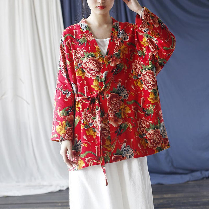 Chaqueta con cordones de lino y algodón con estampado de peonías y flores rojas del noreste de estilo étnico con Buddha Stones