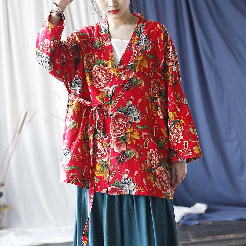 Chaqueta con cordones de lino y algodón con estampado de peonías y flores rojas del noreste de estilo étnico con Buddha Stones