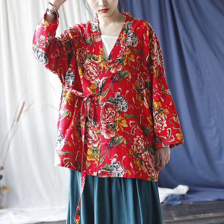 Chaqueta con cordones de lino y algodón con estampado de peonías y flores rojas del noreste de estilo étnico con Buddha Stones