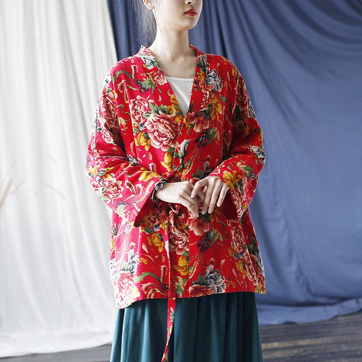 Chaqueta con cordones de lino y algodón con estampado de peonías y flores rojas del noreste de estilo étnico con Buddha Stones