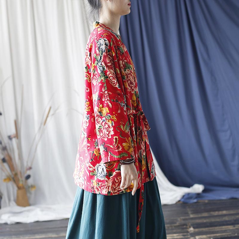 Chaqueta con cordones de lino y algodón con estampado de peonías y flores rojas del noreste de estilo étnico con Buddha Stones