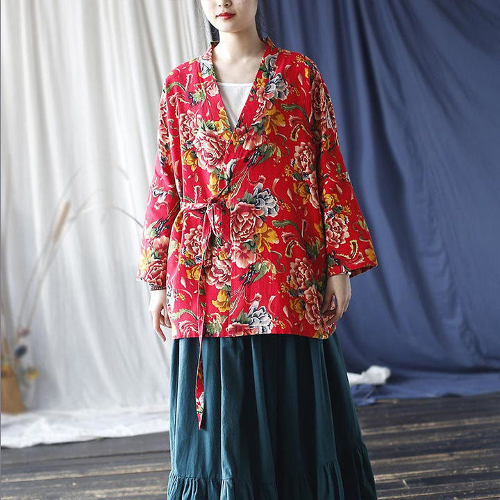 Chaqueta con cordones de lino y algodón con estampado de peonías y flores rojas del noreste de estilo étnico con Buddha Stones