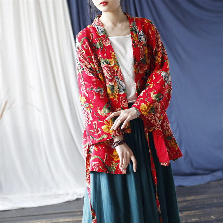 Chaqueta con cordones de lino y algodón con estampado de peonías y flores rojas del noreste de estilo étnico con Buddha Stones