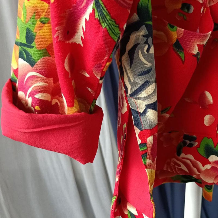 Chaqueta camisera de manga larga de lino y algodón con botones de rana, peonía, flor roja étnica, Buddha Stones , bolsillos
