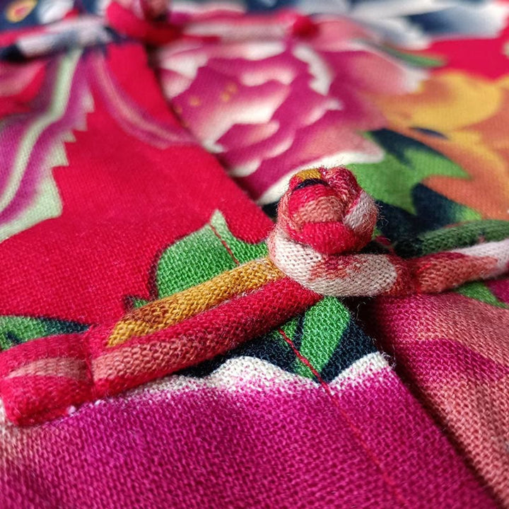 Chaqueta camisera de manga larga de lino y algodón con botones de rana, peonía, flor roja étnica, Buddha Stones , bolsillos