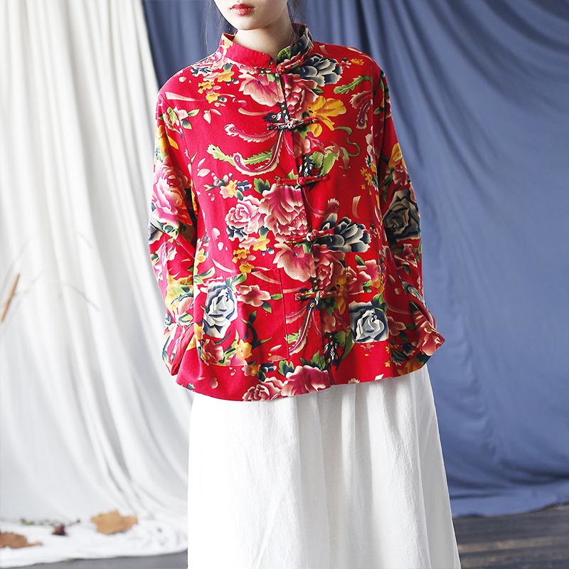 Chaqueta camisera de manga larga de lino y algodón con botones de rana, peonía, flor roja étnica, Buddha Stones , bolsillos