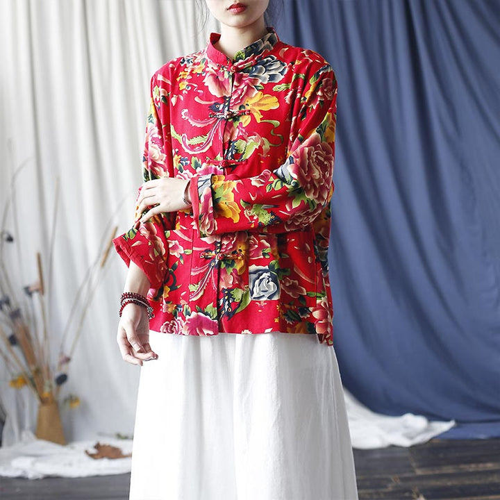 Chaqueta camisera de manga larga de lino y algodón con botones de rana, peonía, flor roja étnica, Buddha Stones , bolsillos