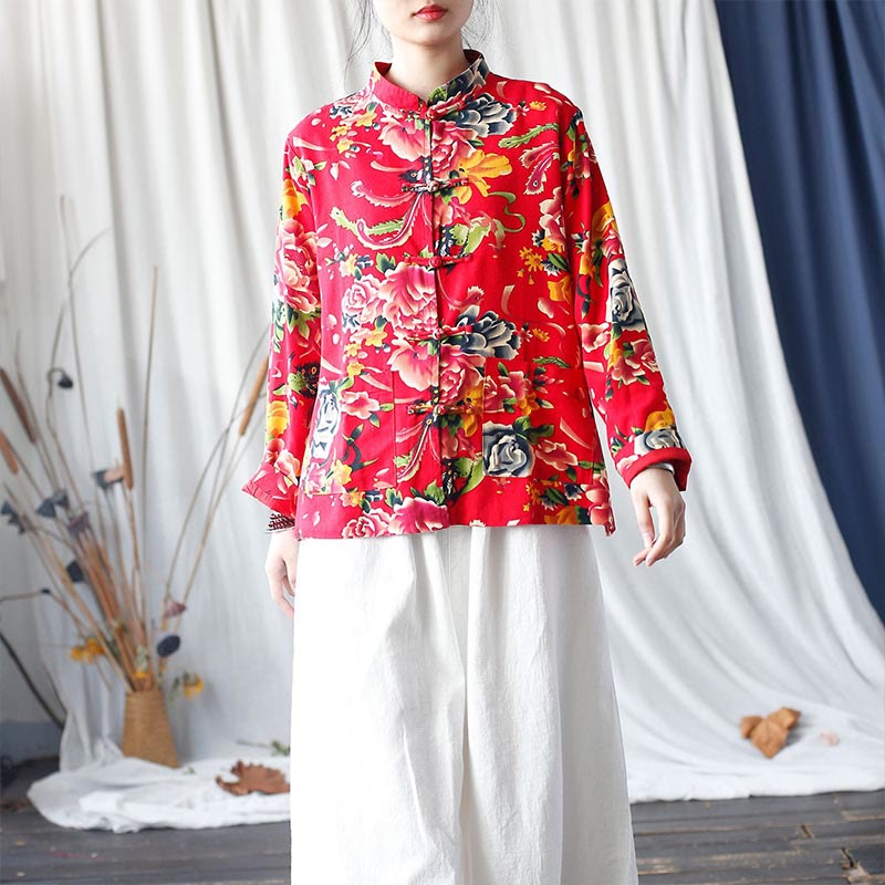 Chaqueta camisera de manga larga de lino y algodón con botones de rana, peonía, flor roja étnica, Buddha Stones , bolsillos