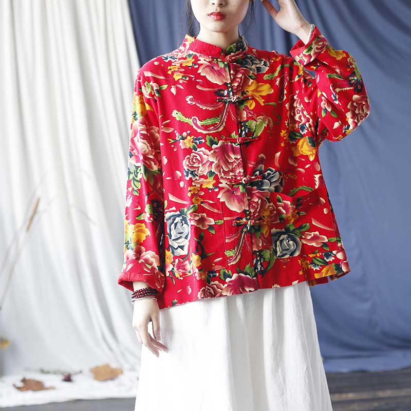 Chaqueta camisera de manga larga de lino y algodón con botones de rana, peonía, flor roja étnica, Buddha Stones , bolsillos