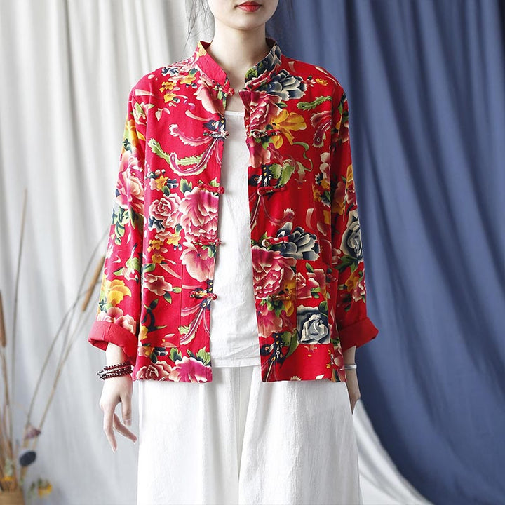 Chaqueta camisera de manga larga de lino y algodón con botones de rana, peonía, flor roja étnica, Buddha Stones , bolsillos
