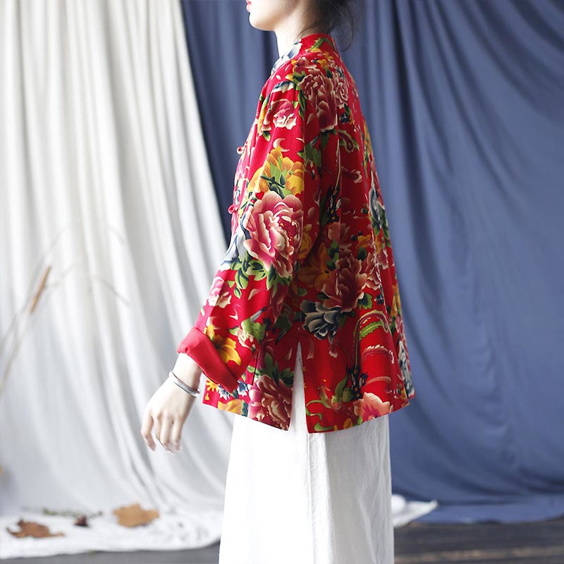 Chaqueta camisera de manga larga de lino y algodón con botones de rana, peonía, flor roja étnica, Buddha Stones , bolsillos