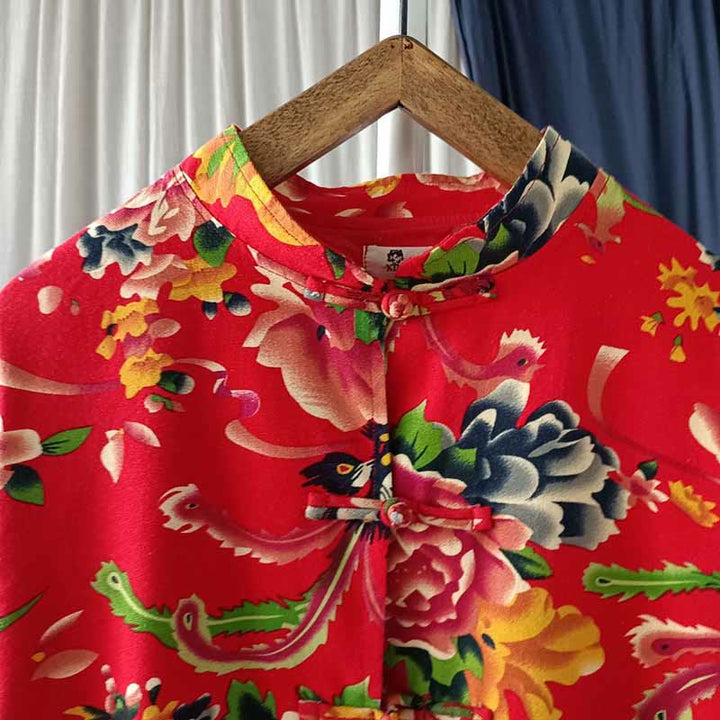 Chaqueta camisera de manga larga de lino y algodón con botones de rana, peonía, flor roja étnica, Buddha Stones , bolsillos