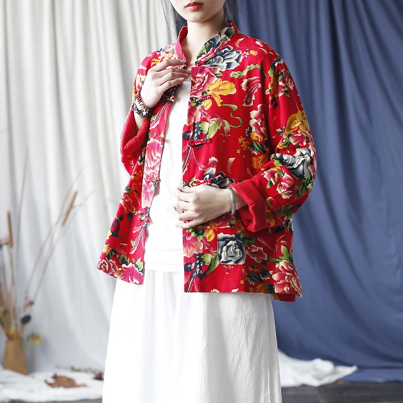 Chaqueta camisera de manga larga de lino y algodón con botones de rana, peonía, flor roja étnica, Buddha Stones , bolsillos