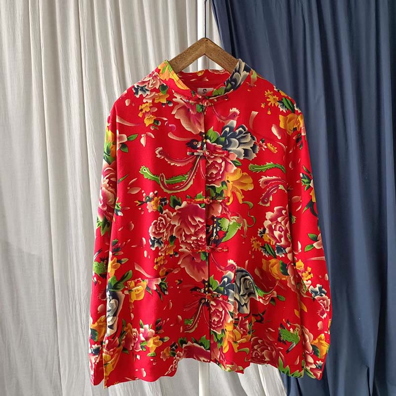 Chaqueta camisera de manga larga de lino y algodón con botones de rana, peonía, flor roja étnica, Buddha Stones , bolsillos