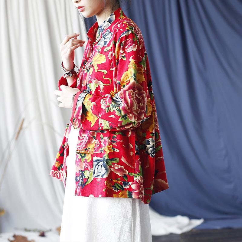 Chaqueta camisera de manga larga de lino y algodón con botones de rana, peonía, flor roja étnica, Buddha Stones , bolsillos