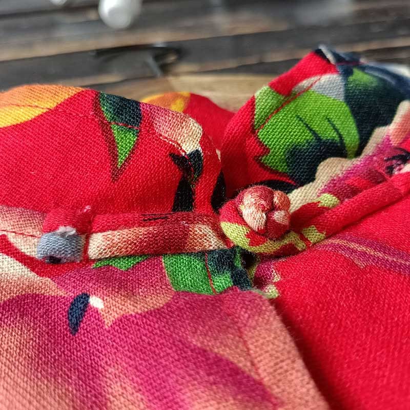 Chaqueta camisera de manga larga de lino y algodón con botones de rana, peonía, flor roja étnica, Buddha Stones , bolsillos