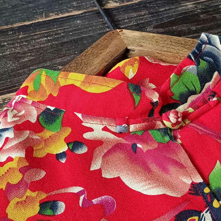 Chaqueta camisera de manga larga de lino y algodón con botones de rana, peonía, flor roja étnica, Buddha Stones , bolsillos