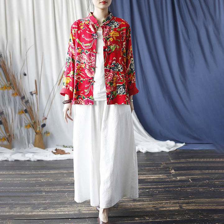 Chaqueta camisera de manga larga de lino y algodón con botones de rana, peonía, flor roja étnica, Buddha Stones , bolsillos