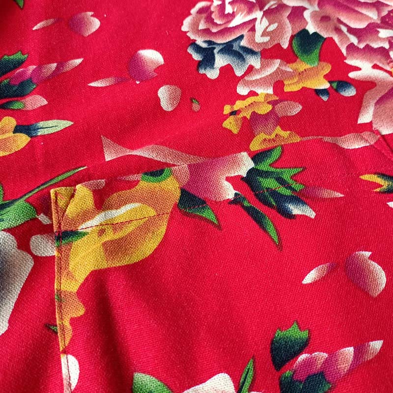 Chaqueta camisera de manga larga de lino y algodón con botones de rana, peonía, flor roja étnica, Buddha Stones , bolsillos