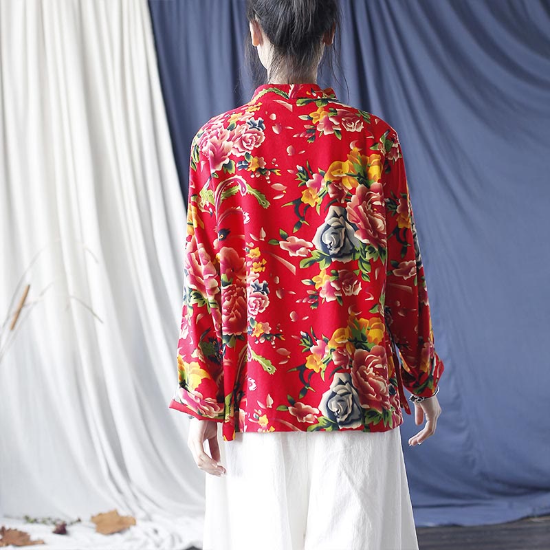 Chaqueta camisera de manga larga de lino y algodón con botones de rana, peonía, flor roja étnica, Buddha Stones , bolsillos