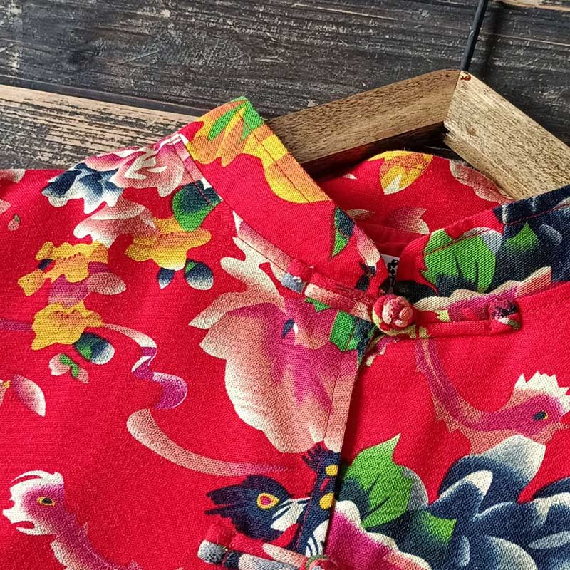 Chaqueta camisera de manga larga de lino y algodón con botones de rana, peonía, flor roja étnica, Buddha Stones , bolsillos