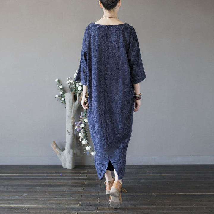 Vestido midi de jacquard con bordado de flores azules y Buddha Stones Vestido de algodón con manga tres cuartos y bolsillos - image 3
