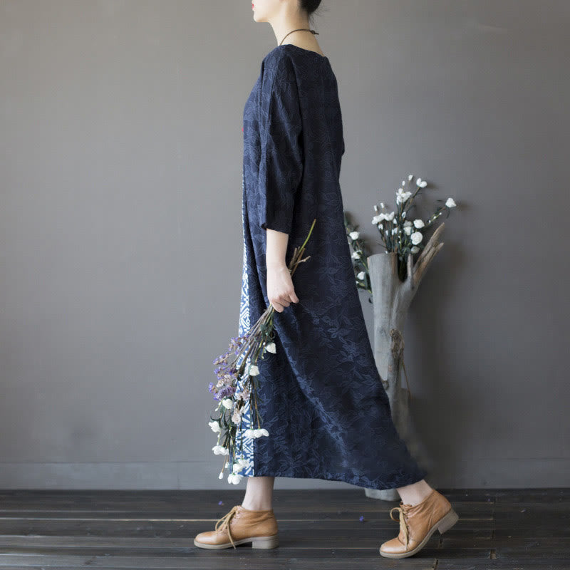 Vestido midi de jacquard con bordado de flores azules y Buddha Stones Vestido de algodón con manga tres cuartos y bolsillos - image 2