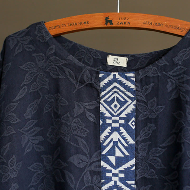 Vestido midi de jacquard con bordado de flores azules y Buddha Stones Vestido de algodón con manga tres cuartos y bolsillos - image 6