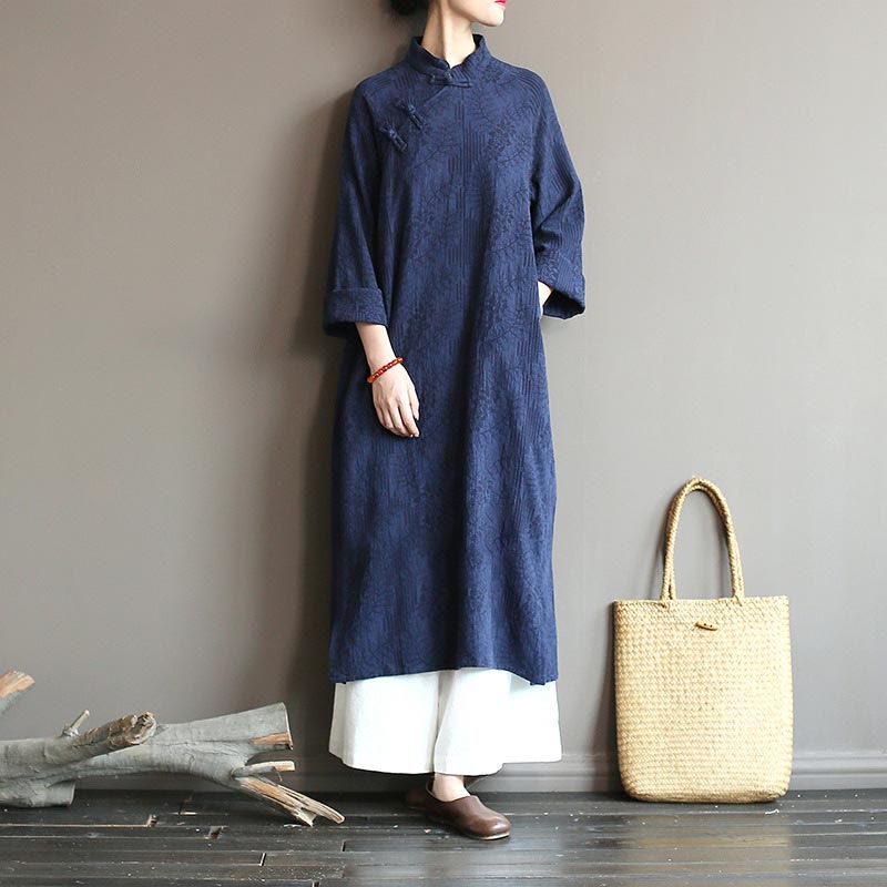 Vestido midi jacquard de jacquard con estampado de flores y Buddha Stones, manga larga, algodón y lino, pantalón de pierna ancha con bolsillos. - image 1