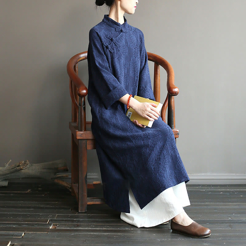 Vestido midi jacquard de jacquard con estampado de flores y Buddha Stones, manga larga, algodón y lino, pantalón de pierna ancha con bolsillos. - Vestido y pantalón azul - US4-8/10, UK/AU8-12/14, EU36-40/42 (F) - image 0