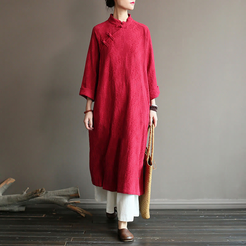 Vestido midi jacquard de jacquard con estampado de flores y Buddha Stones, manga larga, algodón y lino, pantalón de pierna ancha con bolsillos. - Vestido y pantalón rojos - US4-8/10, UK/AU8-12/14, EU36-40/42 (F) - image 17