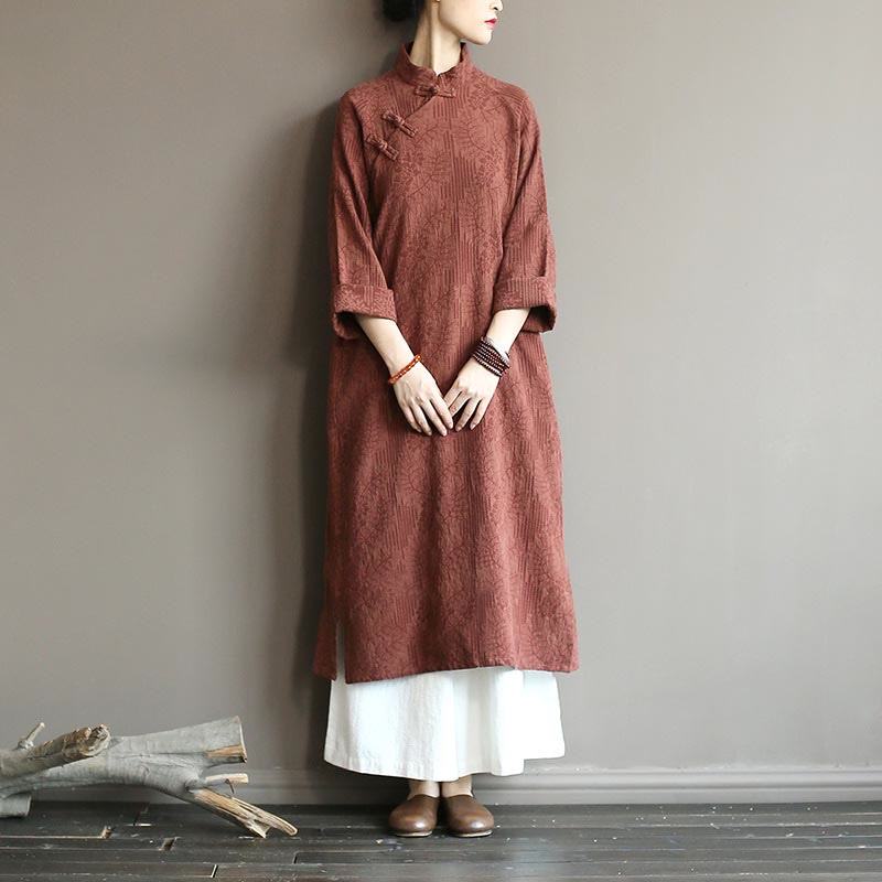 Vestido midi jacquard de jacquard con estampado de flores y Buddha Stones, manga larga, algodón y lino, pantalón de pierna ancha con bolsillos. - Vestido y pantalón marrones - US4-8/10, UK/AU8-12/14, EU36-40/42 (F) - image 33