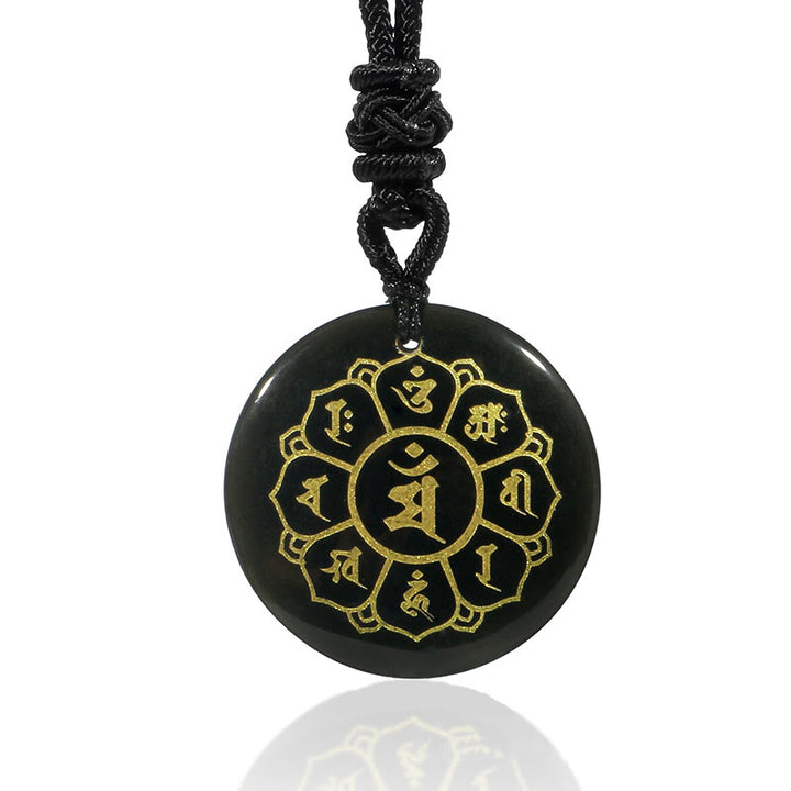 Collar con colgante de fuerza de obsidiana negra, Buddha Stones Om Mani Padme Hum naturales, varios cristales