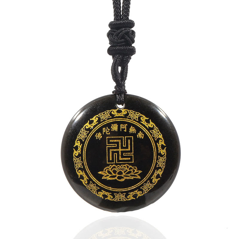 Colgante de collar de purificación de obsidiana negra de cristal Natural con diseño de loto y esvástica de Buddha Stones