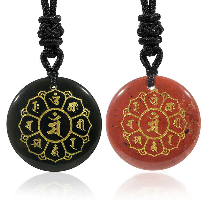 Collar con colgante de fuerza de obsidiana negra, Buddha Stones Om Mani Padme Hum naturales, varios cristales