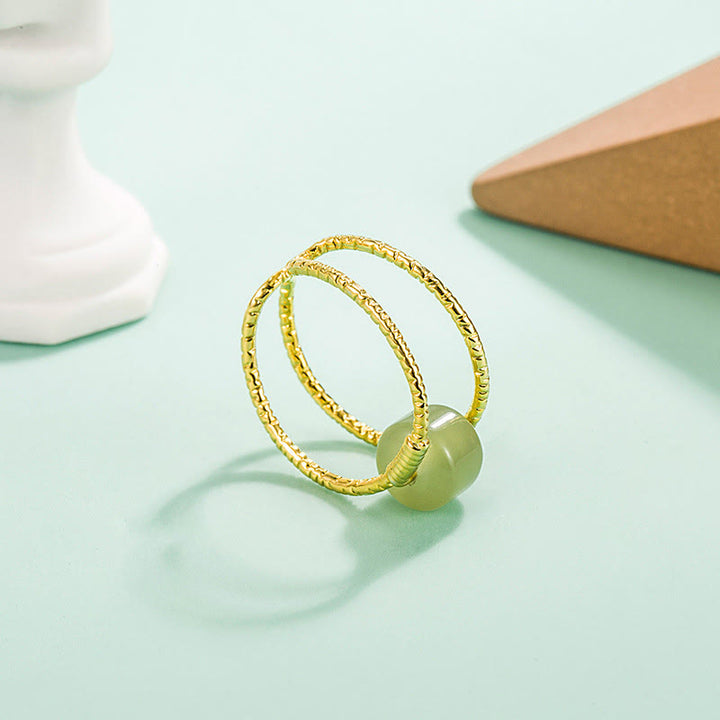 Anillo ajustable de la suerte de cobre de doble capa con cuentas de perlas de Jade redondas de Buddha Stones