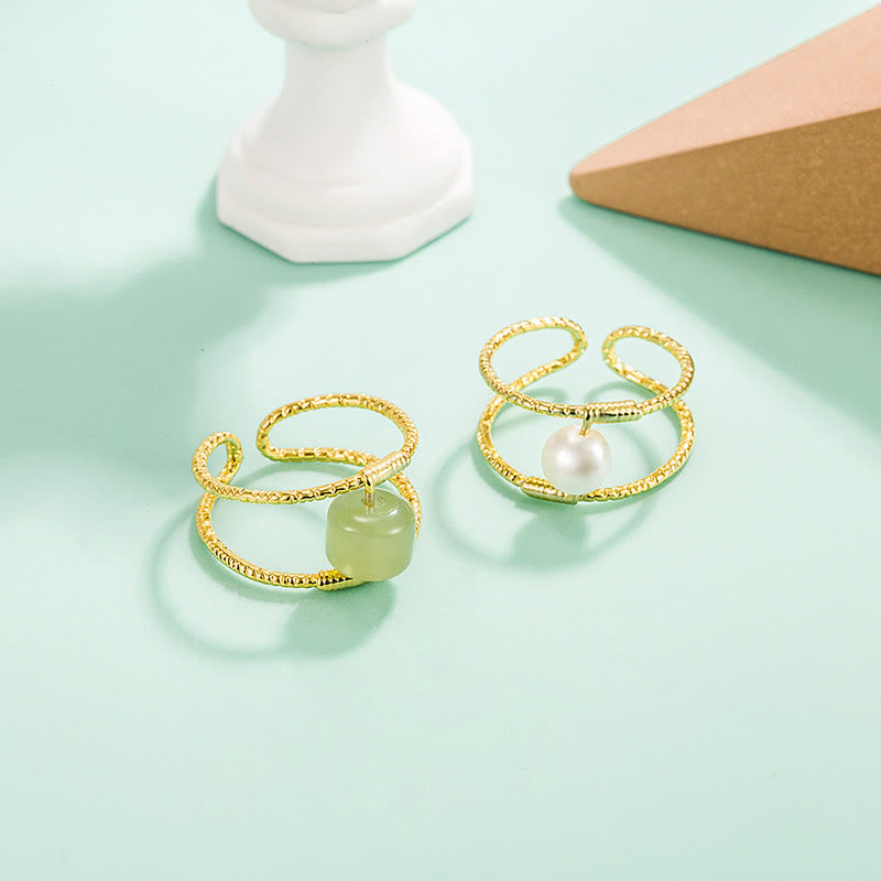 Anillo ajustable de la suerte de cobre de doble capa con cuentas de perlas de Jade redondas de Buddha Stones
