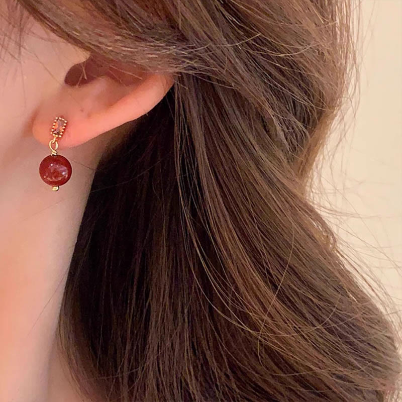 Buddha Stones Postes de plata de ley 925 Pendientes tranquilos de circón con cuentas de cinabrio rellenos de oro de 14 quilates - image 6