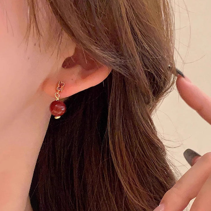 Buddha Stones Postes de plata de ley 925 Pendientes tranquilos de circón con cuentas de cinabrio rellenos de oro de 14 quilates - image 3