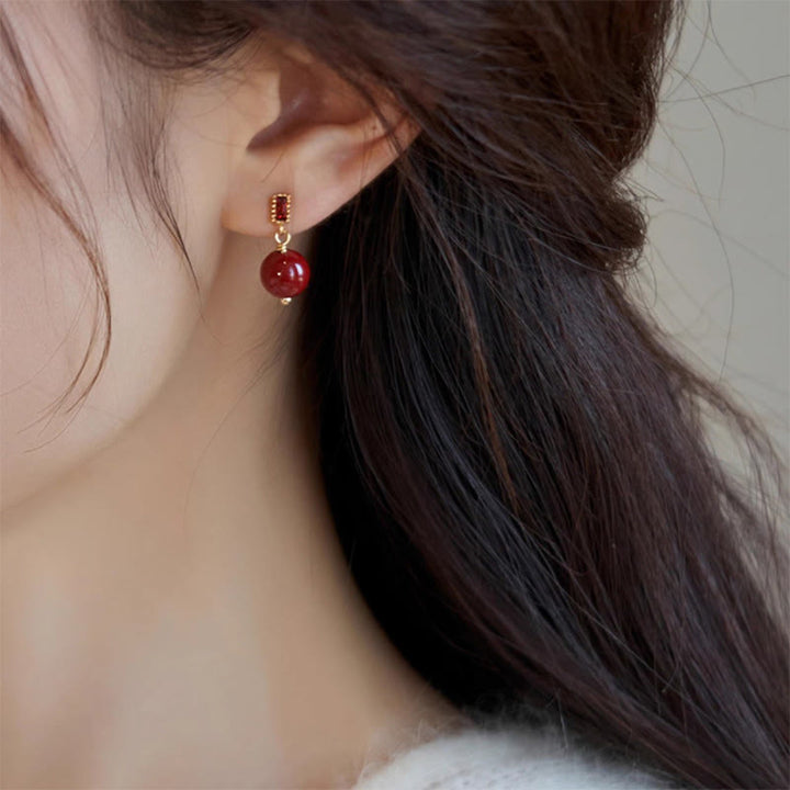 Buddha Stones Postes de plata de ley 925 Pendientes tranquilos de circón con cuentas de cinabrio rellenos de oro de 14 quilates - image 7