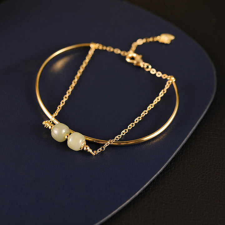 Brazalete de pulsera de doble capa con cuentas de Jade hetiano de oro chapado en cobre con Buddha Stones