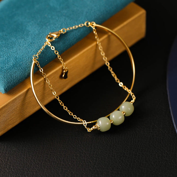 Brazalete de pulsera de doble capa con cuentas de Jade hetiano de oro chapado en cobre con Buddha Stones