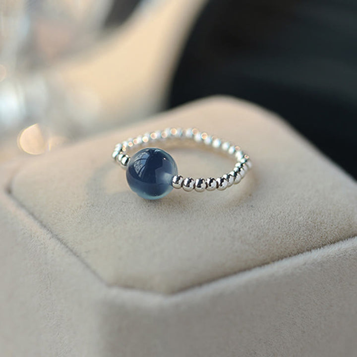 Anillo de cuentas curativas de ágata azul caramelo de plata de ley 925 con Buddha Stones