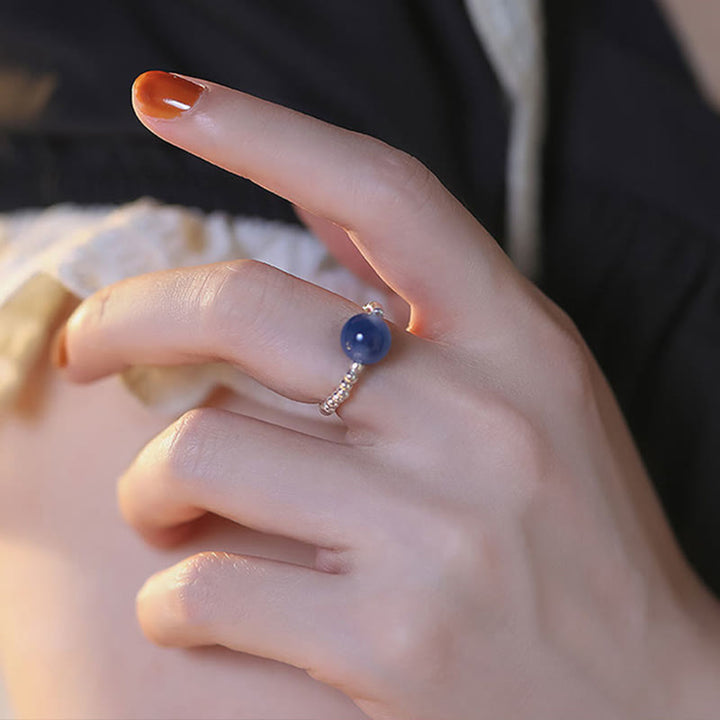 Anillo de cuentas curativas de ágata azul caramelo de plata de ley 925 con Buddha Stones