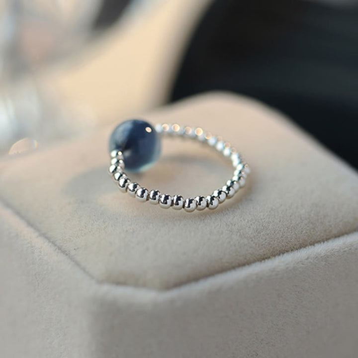 Anillo de cuentas curativas de ágata azul caramelo de plata de ley 925 con Buddha Stones