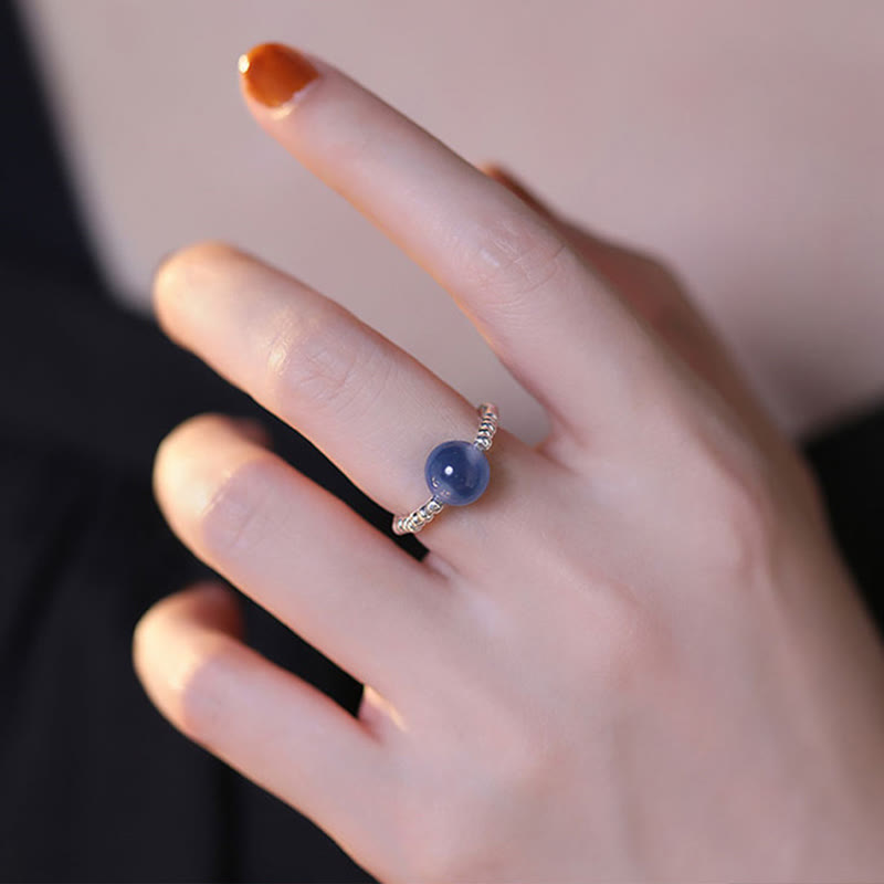 Anillo de cuentas curativas de ágata azul caramelo de plata de ley 925 con Buddha Stones