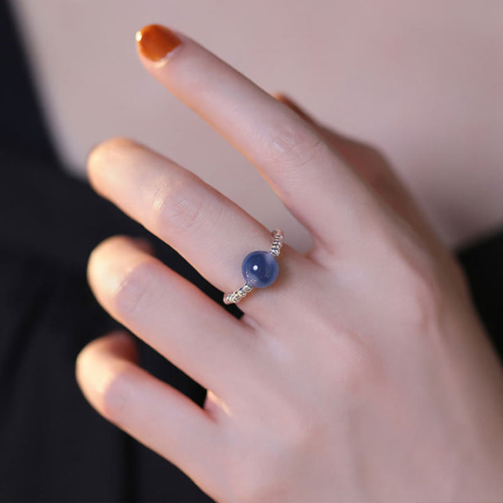 Anillo de cuentas curativas de ágata azul caramelo de plata de ley 925 con Buddha Stones