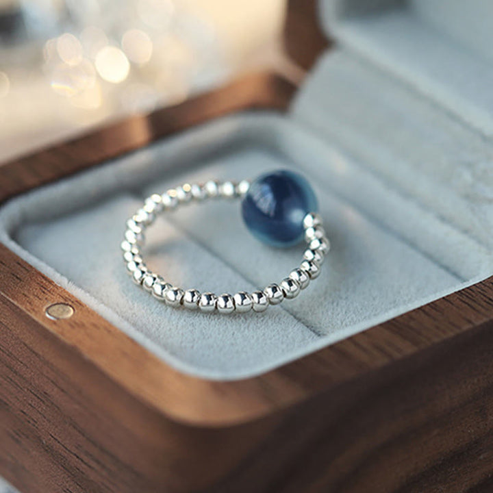Anillo de cuentas curativas de ágata azul caramelo de plata de ley 925 con Buddha Stones
